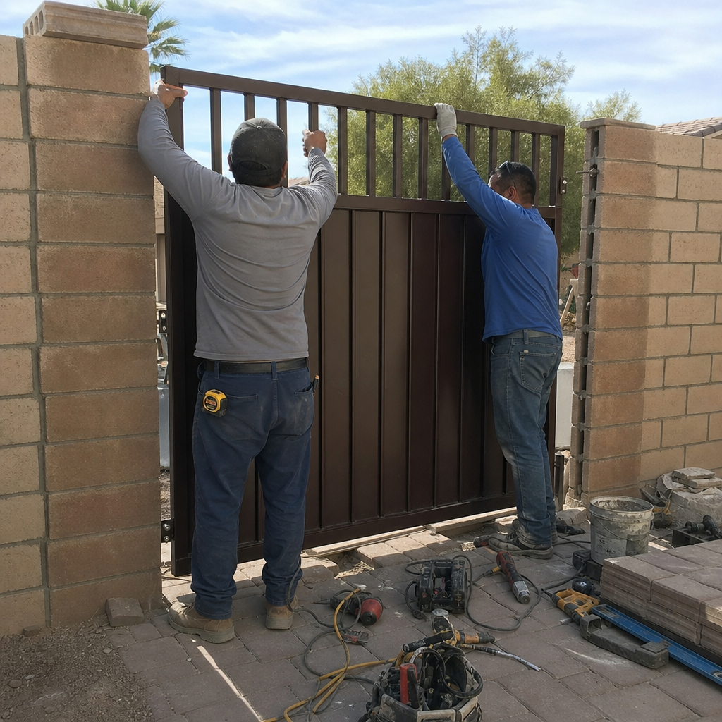 Workers install new metal gate between brick pillars