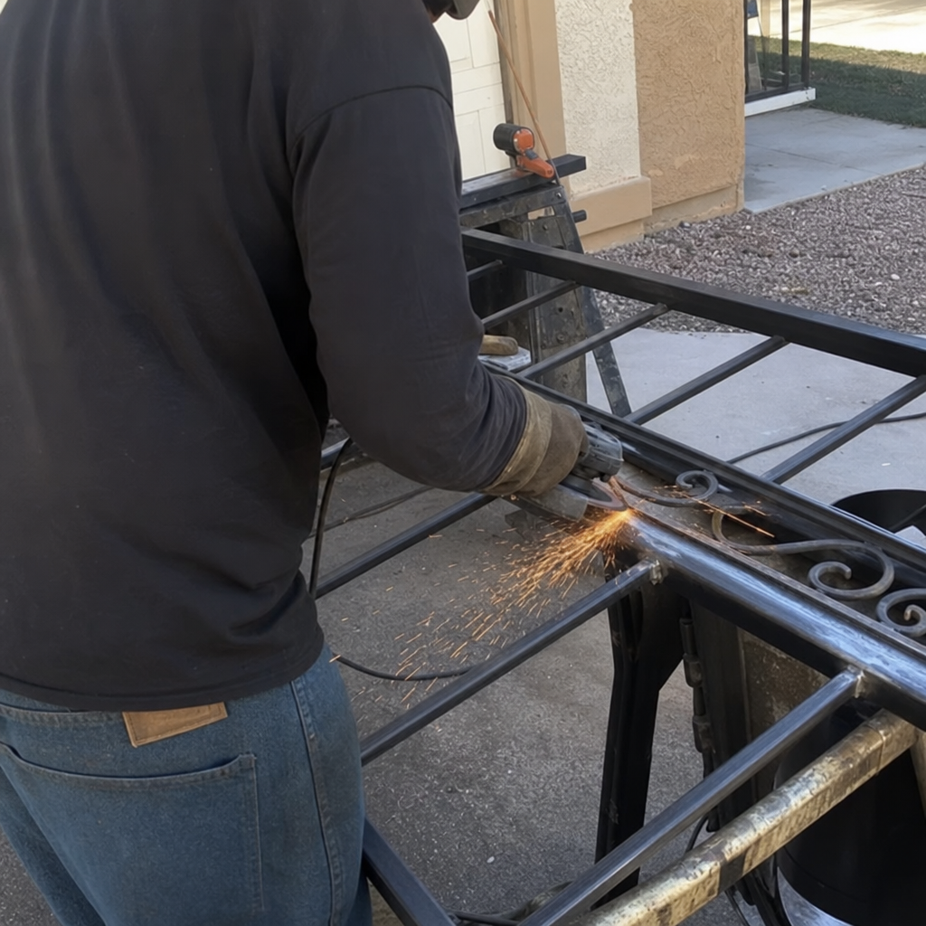 Welder grinding metal gate frame with sparks in Winchester, NV