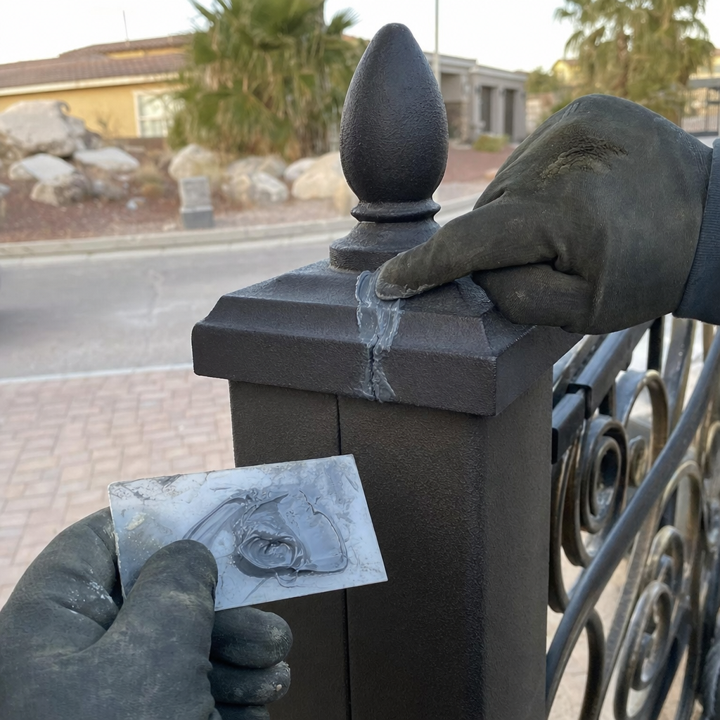 Gate repair sealant applied to black metal gate post